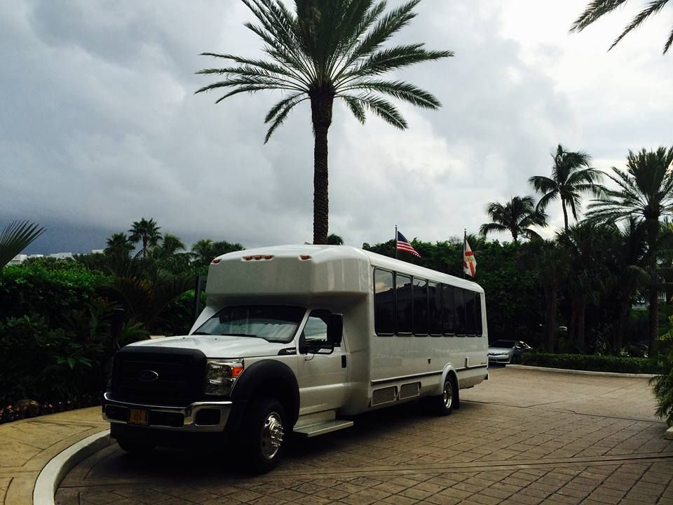 White shuttle bus parked on a driveway by palm trees under cloudy sky