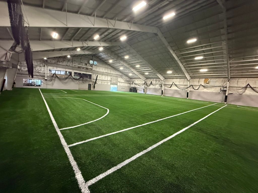 Indoor turf field with white lines, under bright lights.