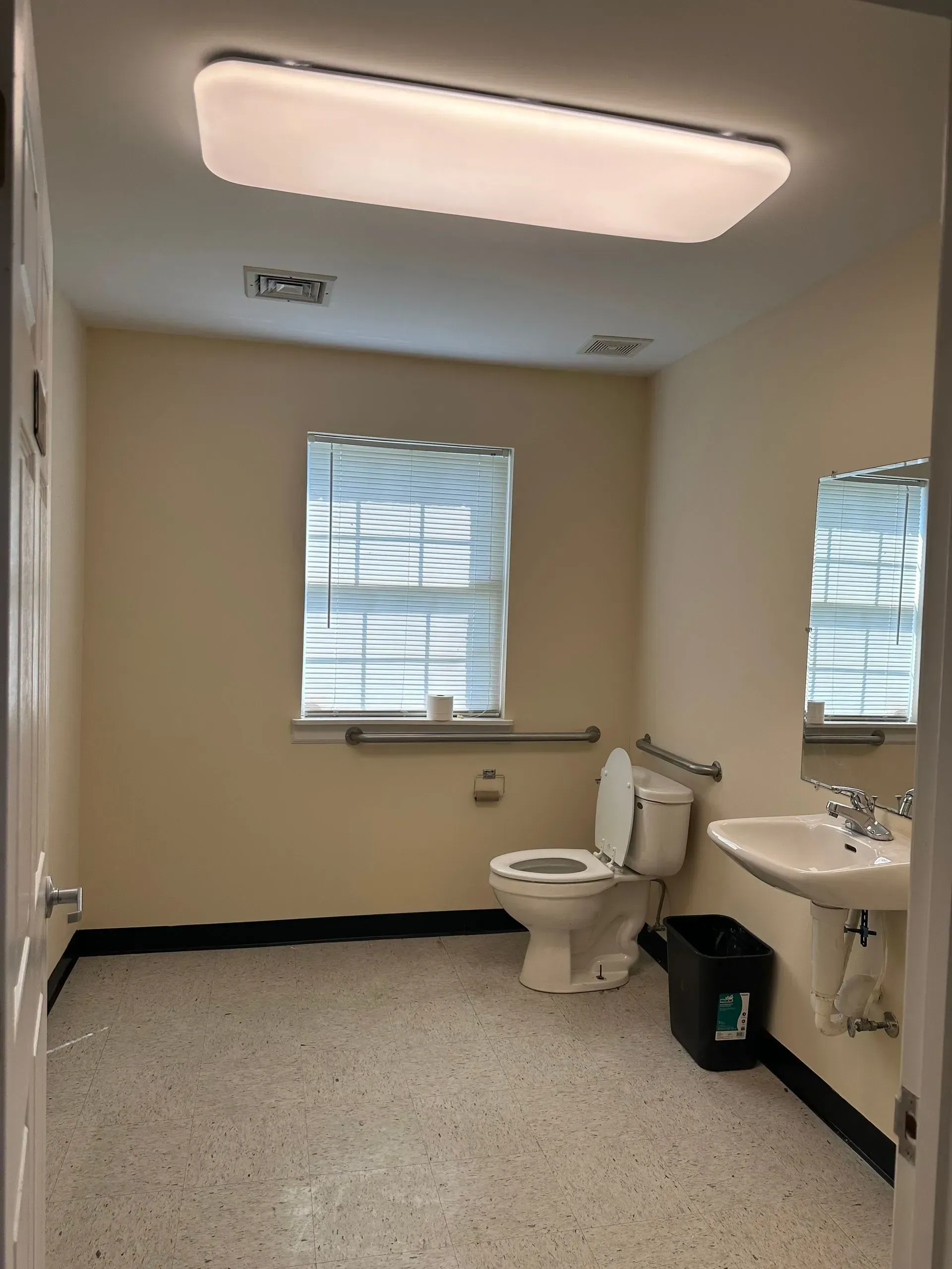 Small bathroom with toilet, sink, grab bars, and two windows under a bright ceiling light.