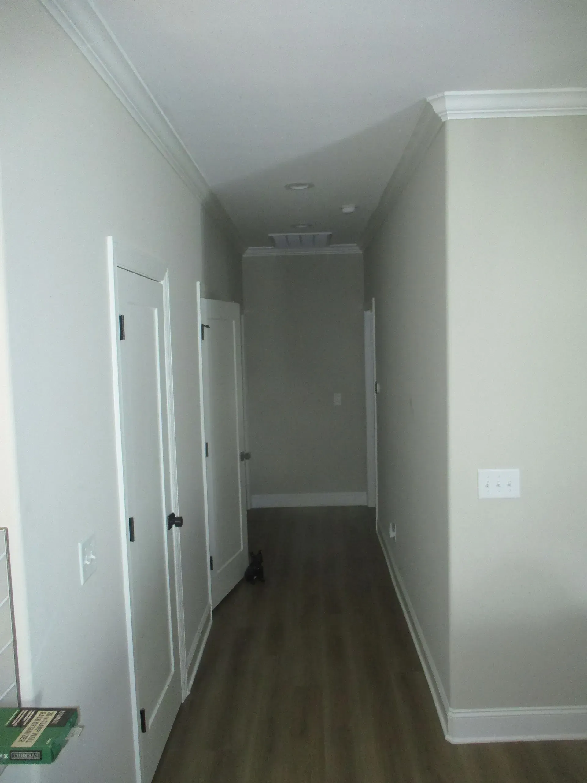 Narrow hallway with white doors, gray walls, crown molding, and wood flooring.