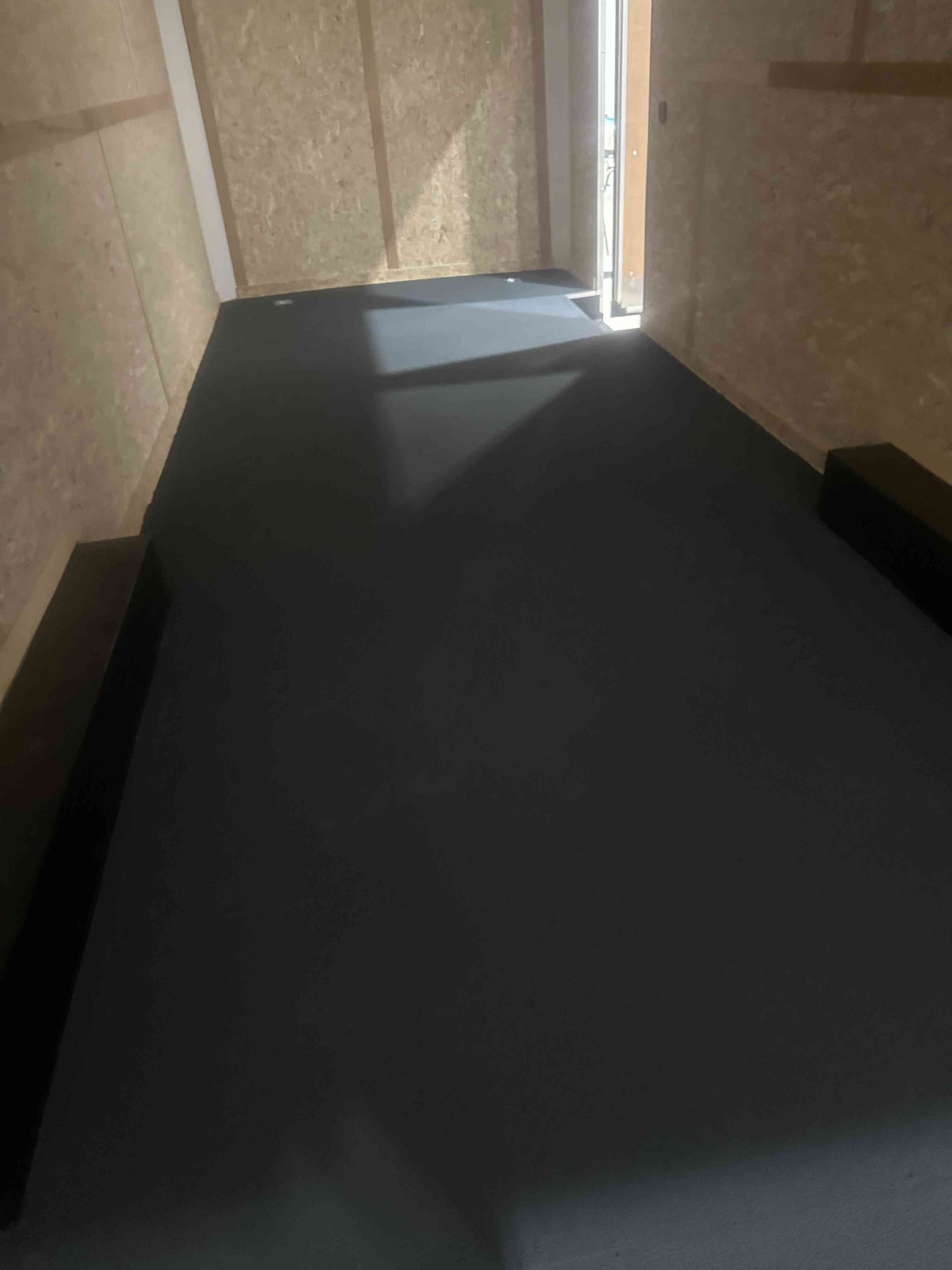 Dim hallway with tan walls and a dark carpeted floor, lit by sunlight from a doorway.