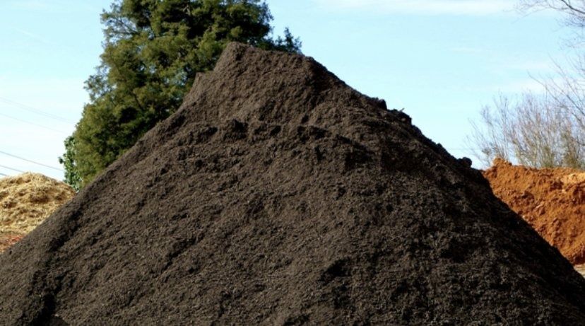 Large pile of dark soil or compost outdoors with trees and sky in the background