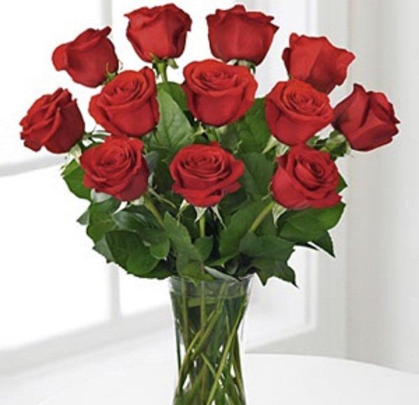 Bouquet of red roses in a clear glass vase on a bright white table