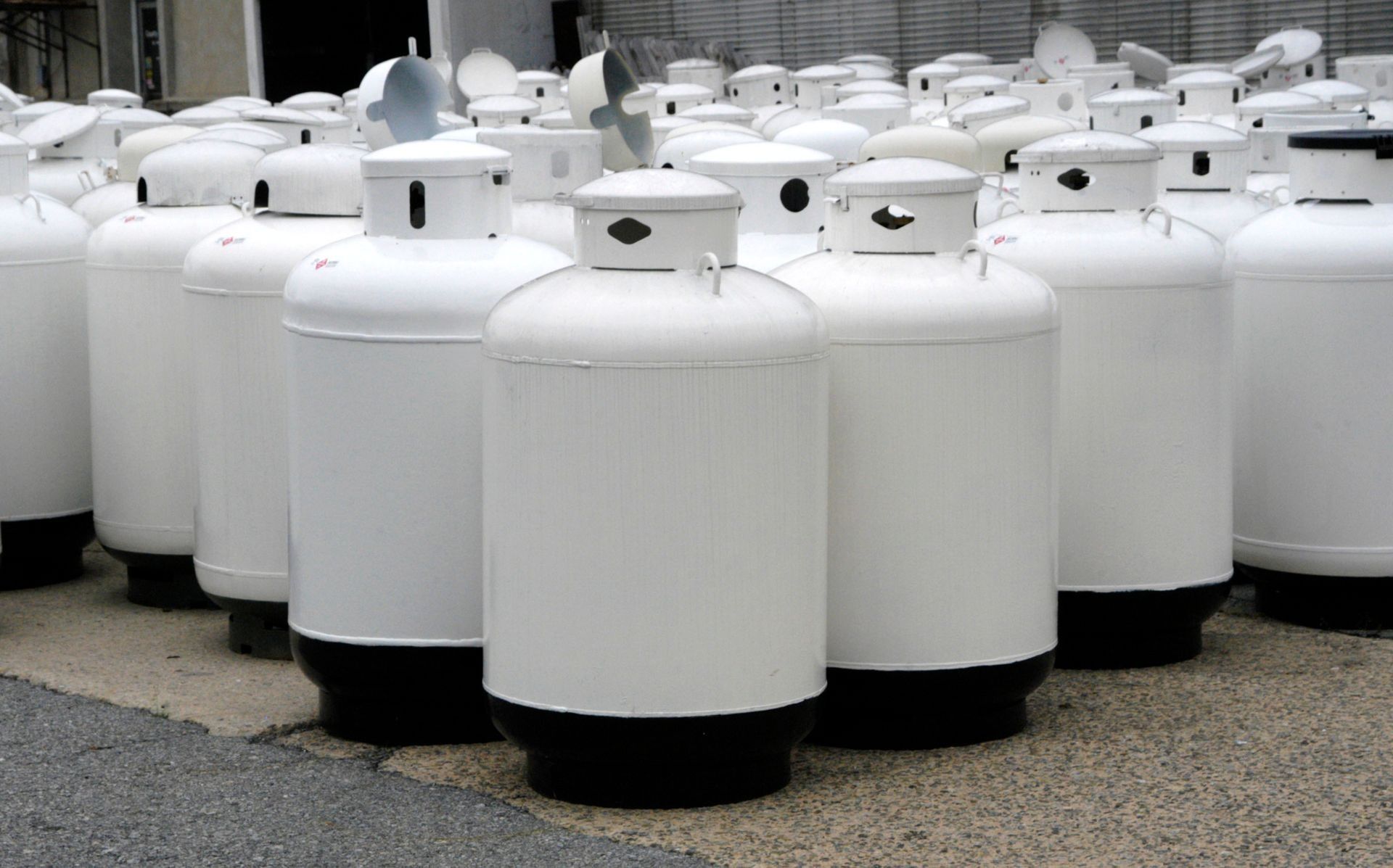 Rows of white propane tanks standing outdoors on gravel