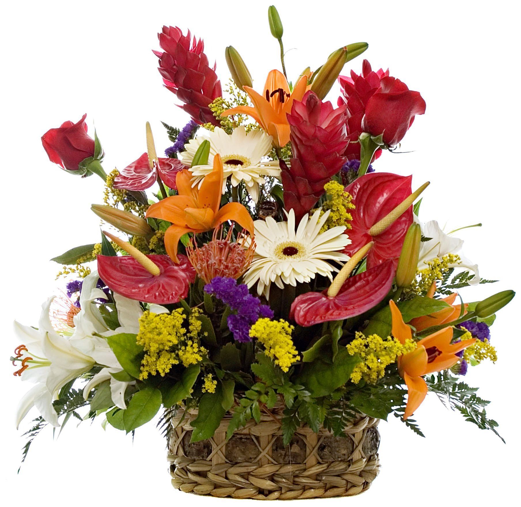 Colorful mixed flower arrangement in a woven basket with red, orange, white, and yellow blooms