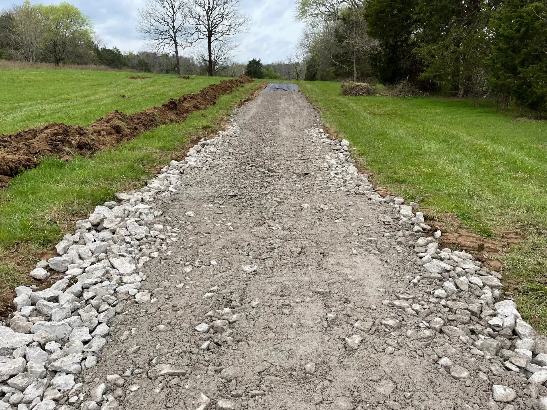 Gravel path through a grassy field, with large rocks bordering the path. Green grass, cloudy sky.