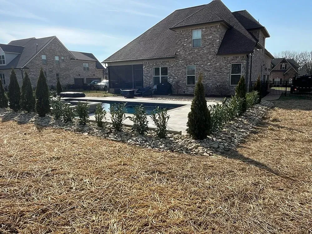 Backyard with pool and brick house, featuring landscaping and dry grass.