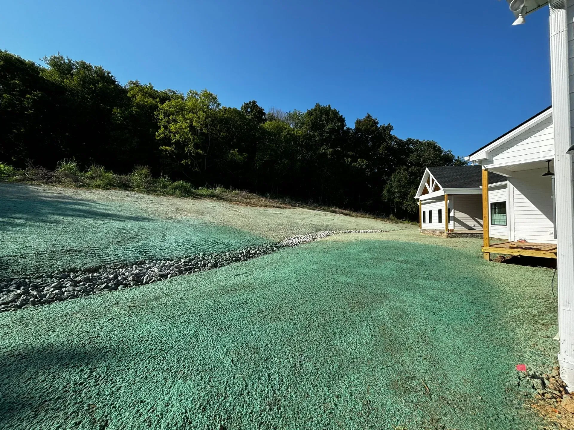 A newly seeded lawn with green mulch. A house and a wooded hill are in the background under a blue sky.