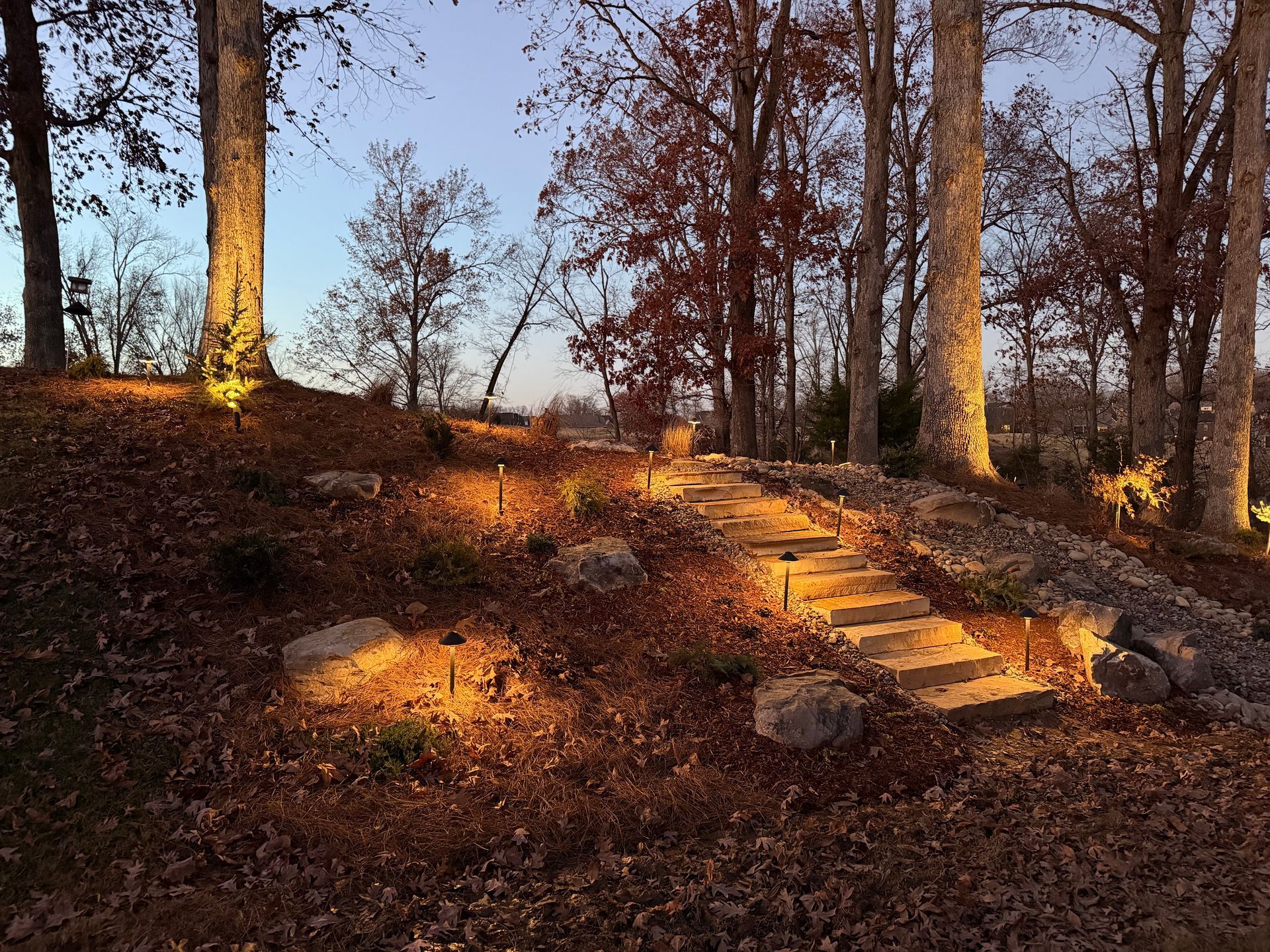 Lit stone steps ascend a hillside, illuminated by warm lights, with trees and autumn leaves.