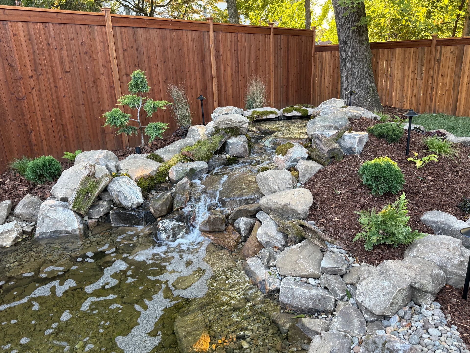 A small rock waterfall flows into a pond in a yard, bordered by a wooden fence.