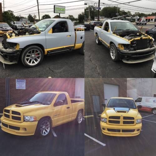A collage of four pictures of a yellow truck