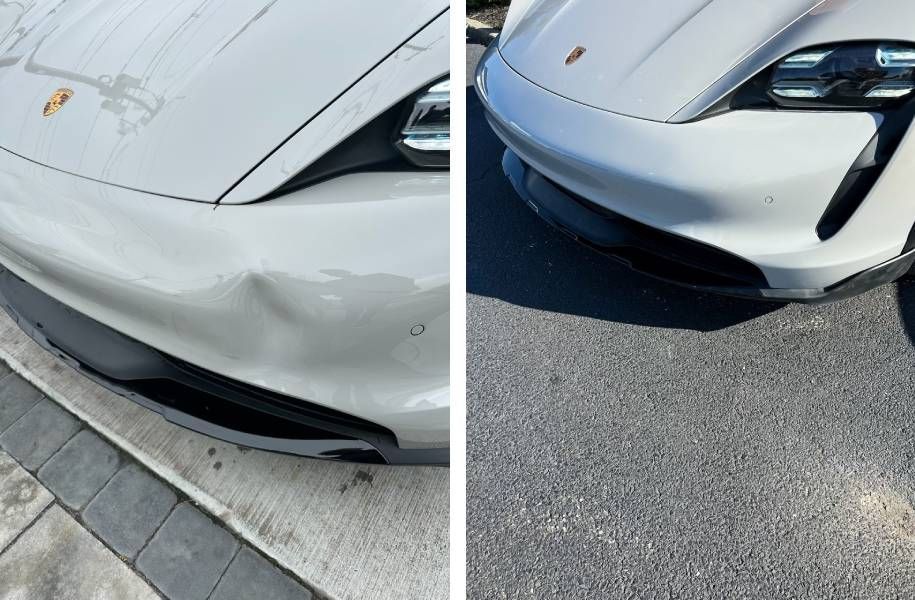 A before and after photo of a white car with a damaged bumper.