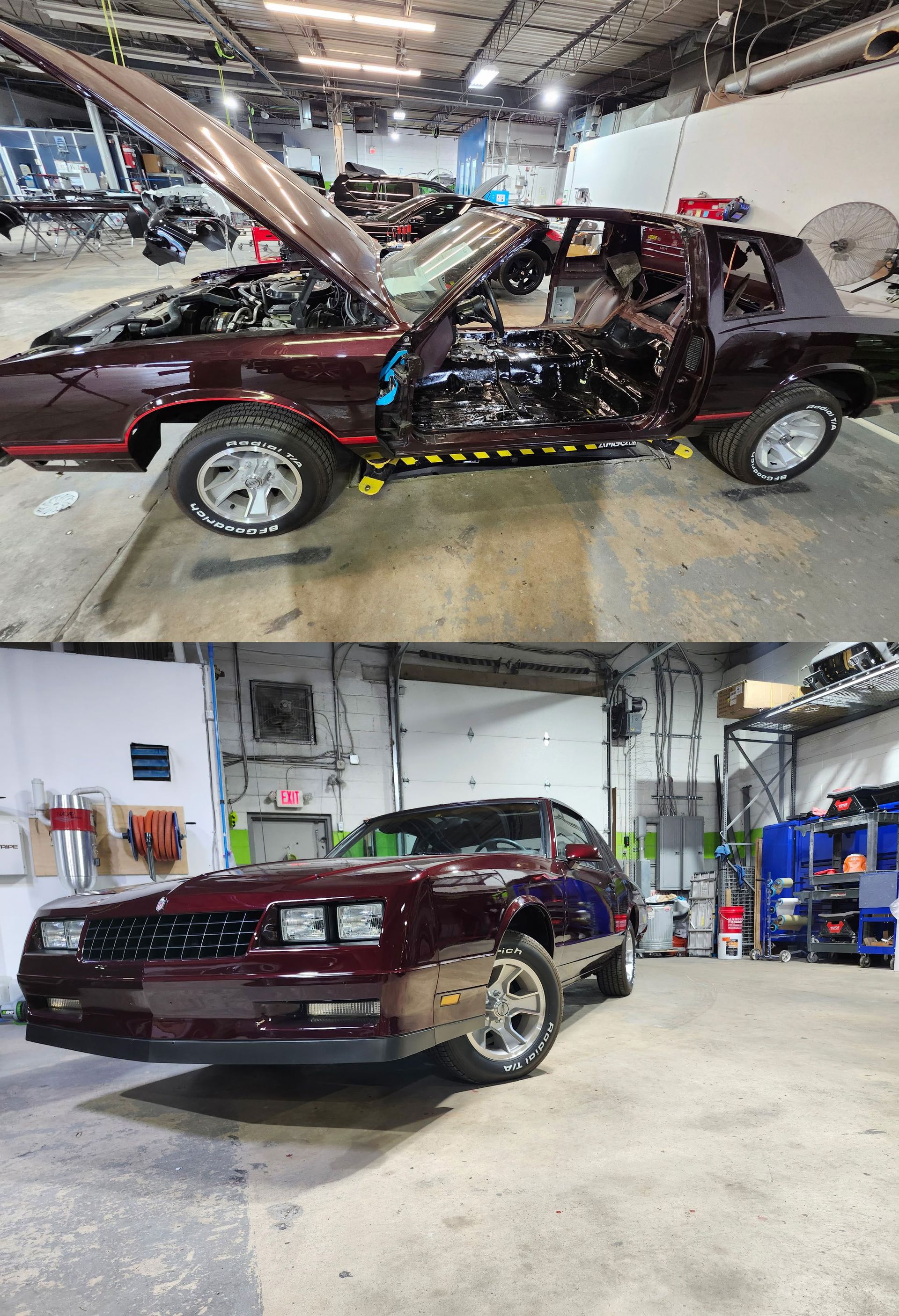 Two pictures of a car in a garage with the hood open and closed.