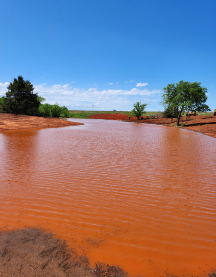 A vibrant orange pond surrounded by reddish-brown soil and green trees under a bright blue sky.