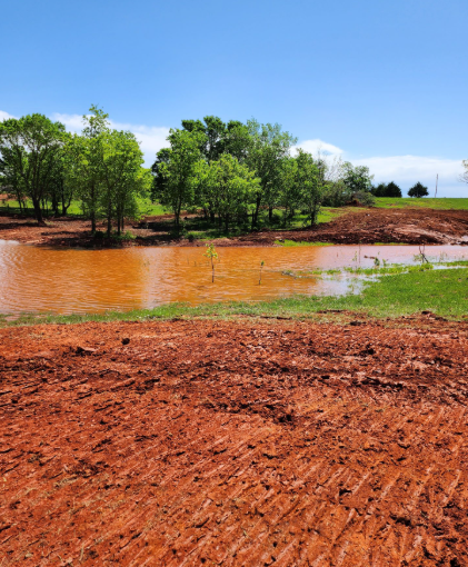 A muddy pond surrounded by red clay soil and a line of green trees under a bright blue sky.