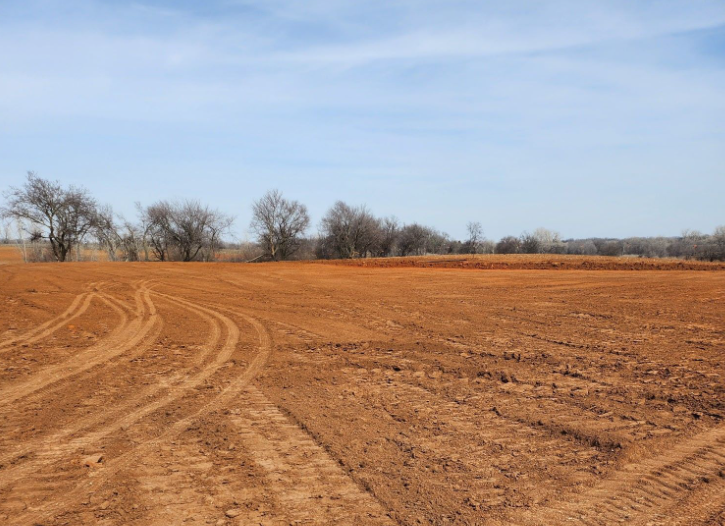 A wide view of a tilled, reddish-brown dirt field with tire tracks and a line of bare trees under a clear blue sky.