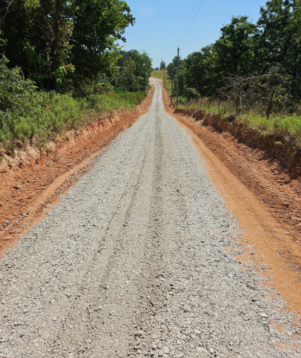A gravel road stretches into the distance, framed by red dirt banks and green trees under a clear blue sky.