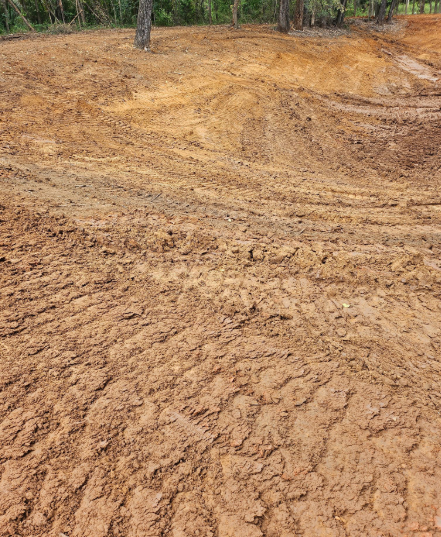 A patch of cleared brown earth with deep tire tracks, featuring a small wooded area in the background.