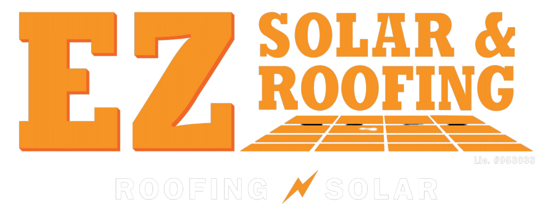 Orange logo for "EZ Solar & Roofing," featuring bold text and a stylized solar panel grid.