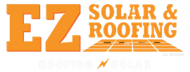 Orange logo for "EZ Solar & Roofing," featuring bold text and a stylized solar panel grid.