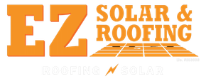 Orange logo for "EZ Solar & Roofing," featuring bold text and a stylized solar panel grid.