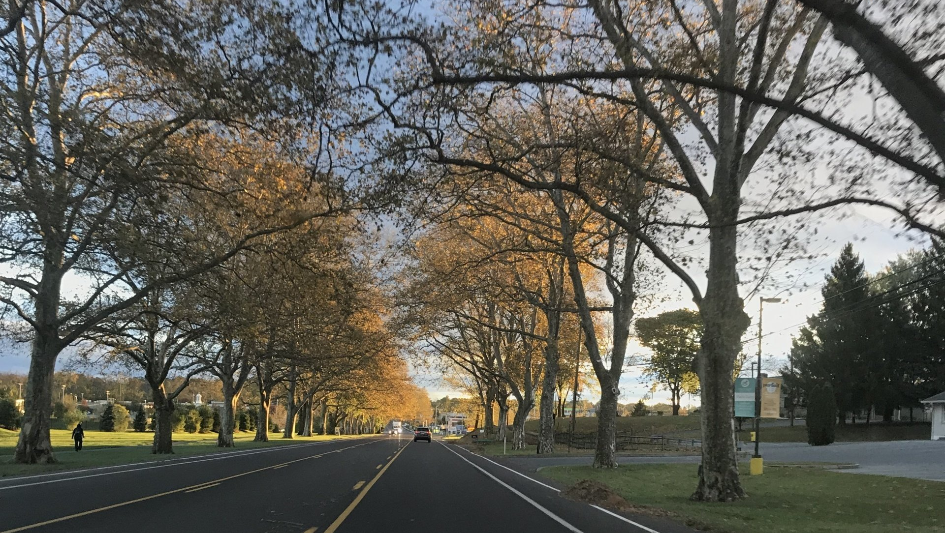 Hamilton Blvd driving westbound toward Mill Creek Rd intersection showing sunrise and fall foliage