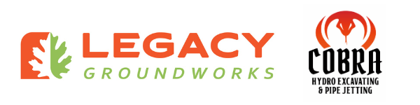 Logo for Legacy Groundworks featuring orange text and a stylized white leaf icon on an orange background.