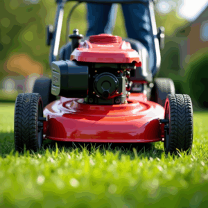 A close-up, low-angle view of a red lawn mower on green grass, being pushed forward.