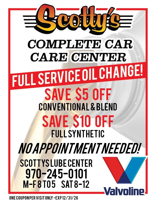 Advertisement for Scotty's Complete Car Care Center. Offers oil change discounts and features a Valvoline logo.