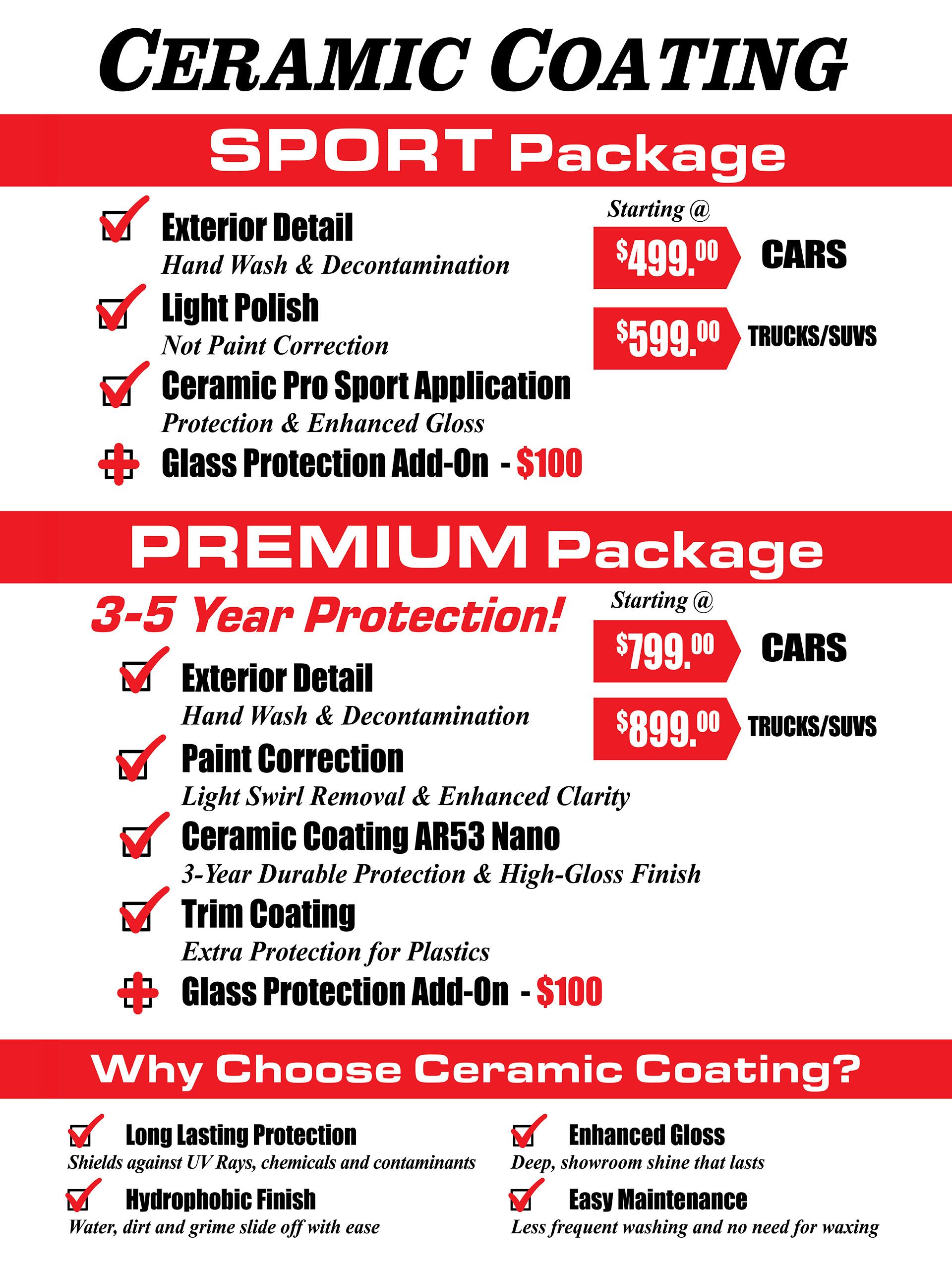 Ceramic coating package price chart with sport and premium options, red and black text on white background
