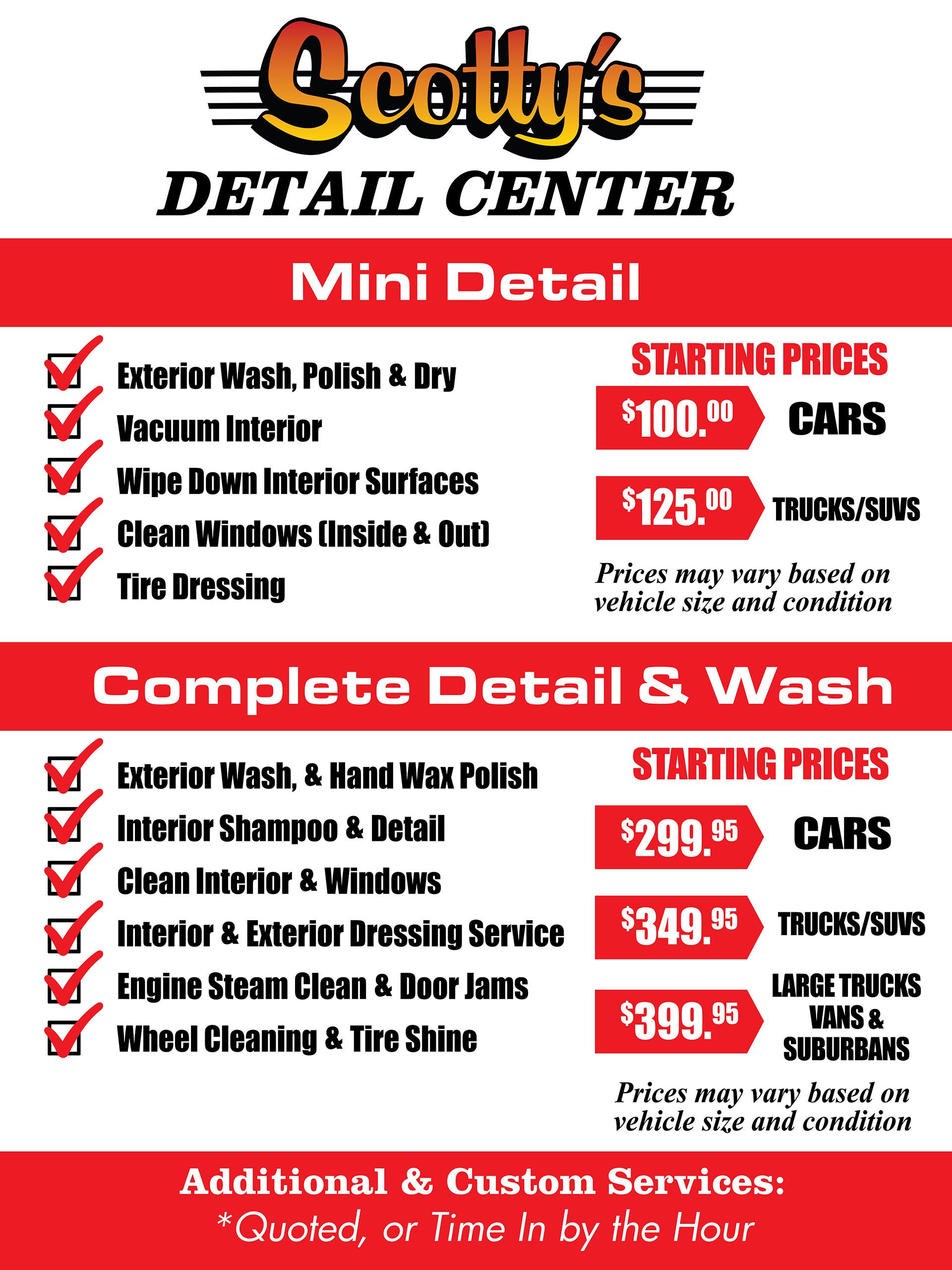 Scotty’s Detail Center pricing flyer for mini detail and complete detail car wash services