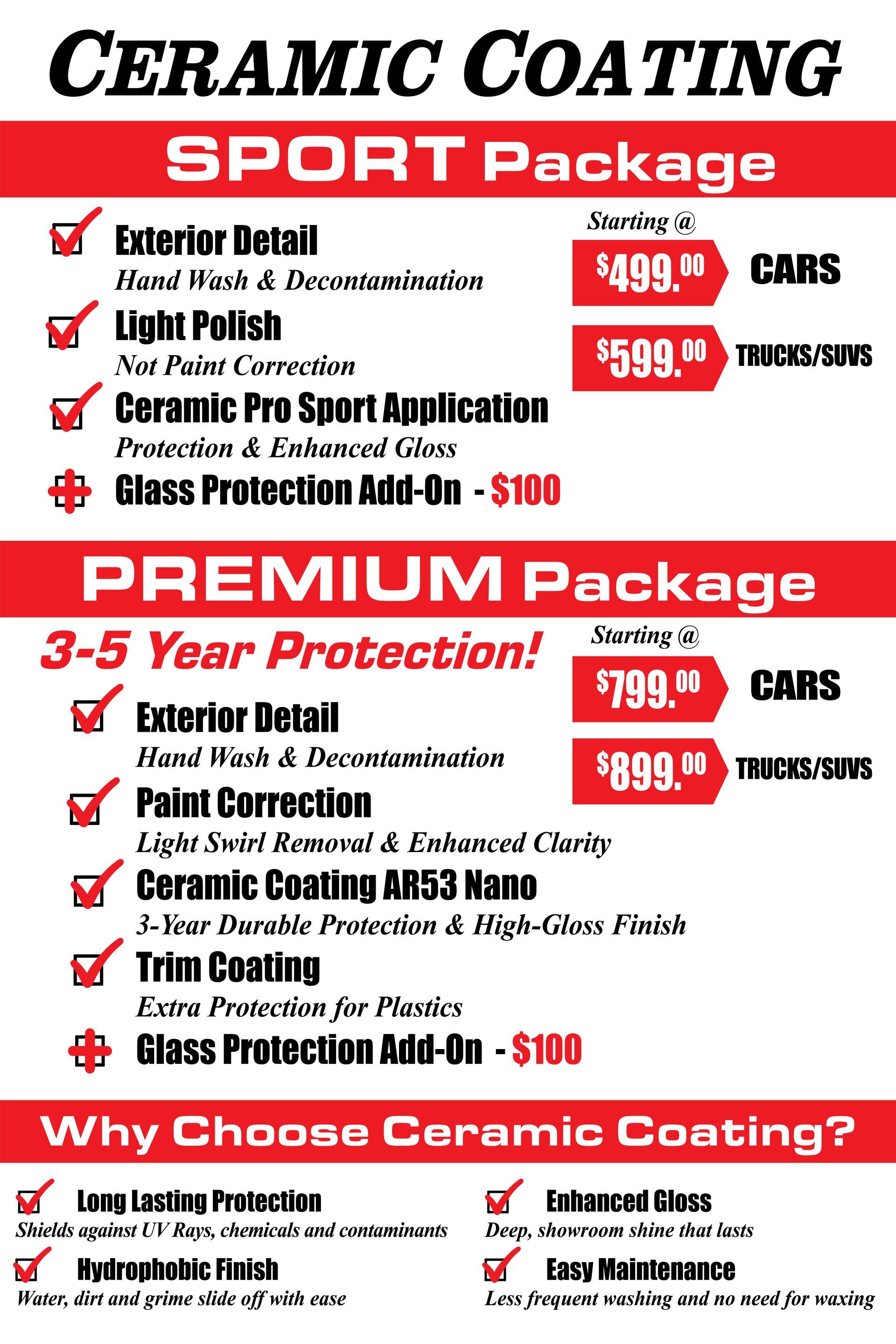Ceramic coating packages for cars and trucks with prices. Includes exterior detail, polish, and protection.