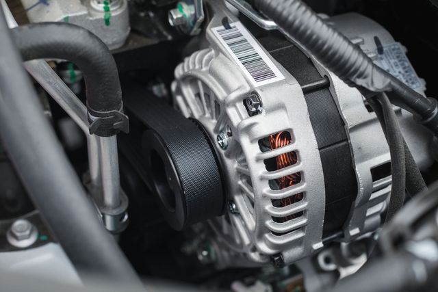 Car engine close-up showing an alternator with a black belt connected to it.