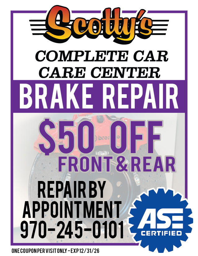 Advertisement for Scotty's: Brake repair. $50 off front & rear. Repair by appointment. Phone number, ASE Certified.