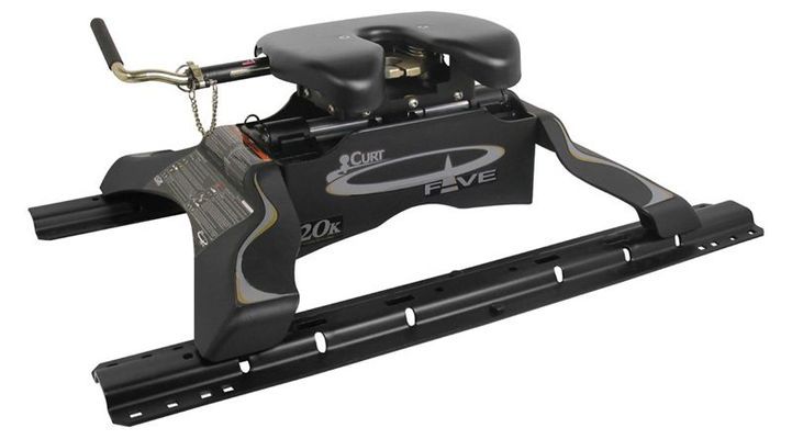 Black fifth-wheel trailer hitch on a sliding rail system, with a handle on the upper left side.