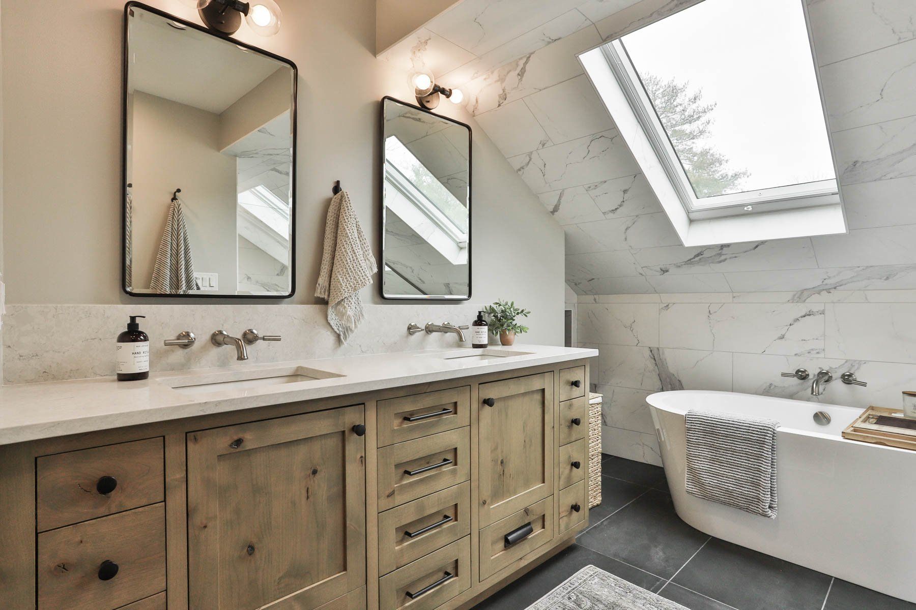 Bathroom vanity and a bathtub