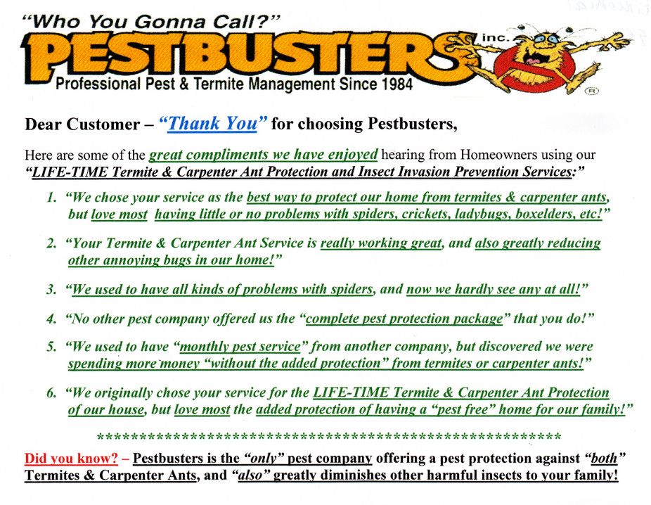 Pestbusters Testimonial Page