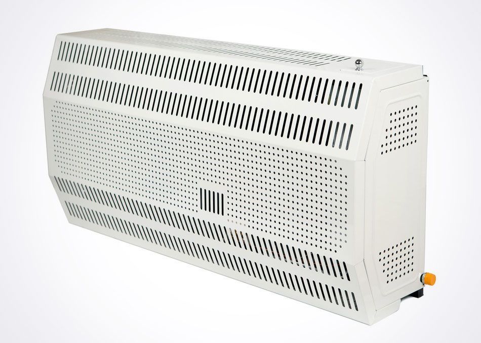 White propane space heater with slotted and perforated exterior.