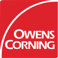 Owens Corning logo: white text on red background, white arch.