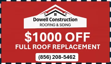 Advertisement for Dowell Construction offering $1000 off full roof replacement. Red background with white text, and a phone number.