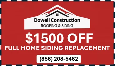 Advertisement for Dowell Construction offering $1500 off full home siding replacement. Red background with white text and a phone number.