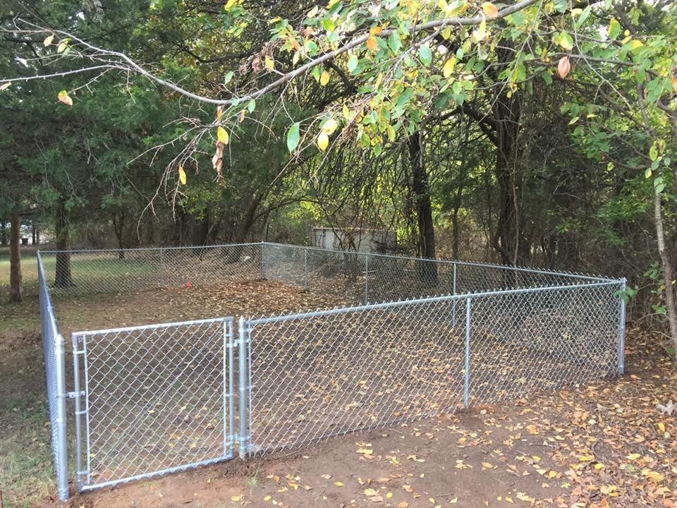 A chain link fence with a gate in the middle of a forest.