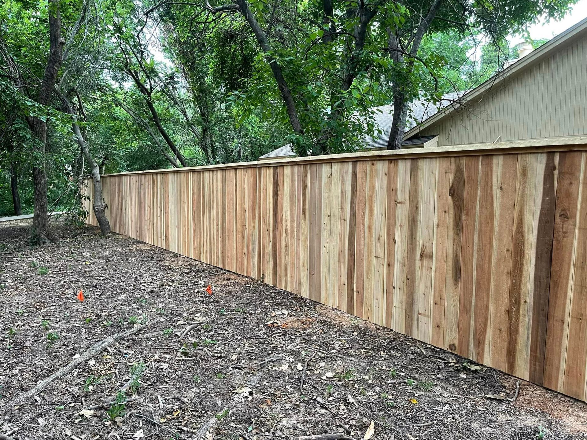 A wooden fence is surrounded by trees in a backyard.