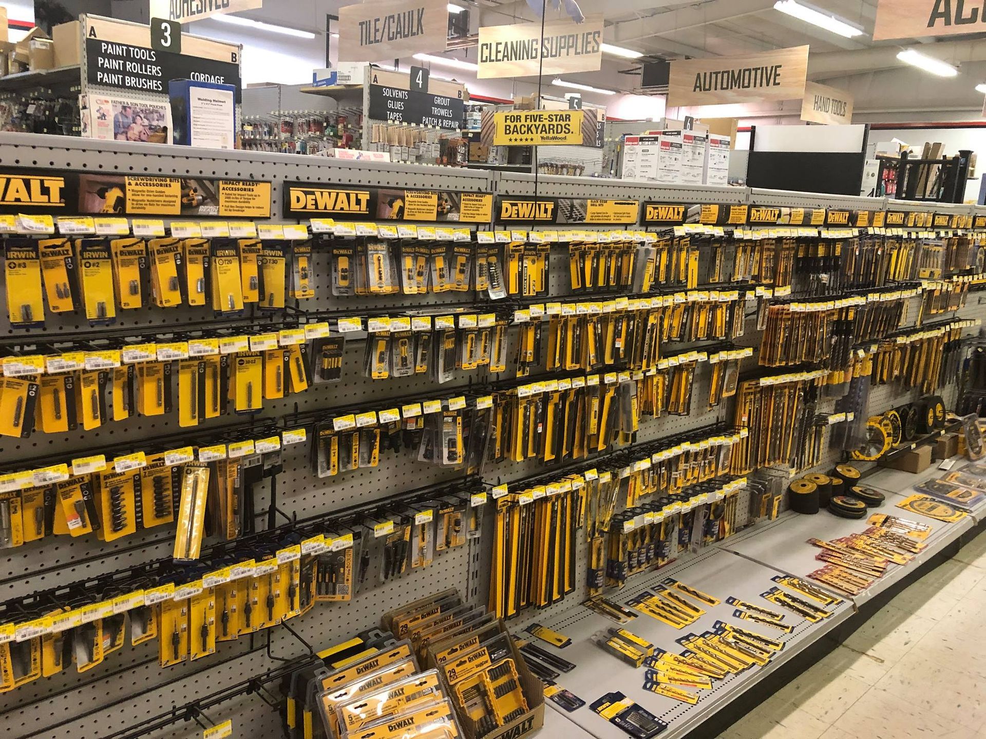 A display of dewalt tools in a hardware store