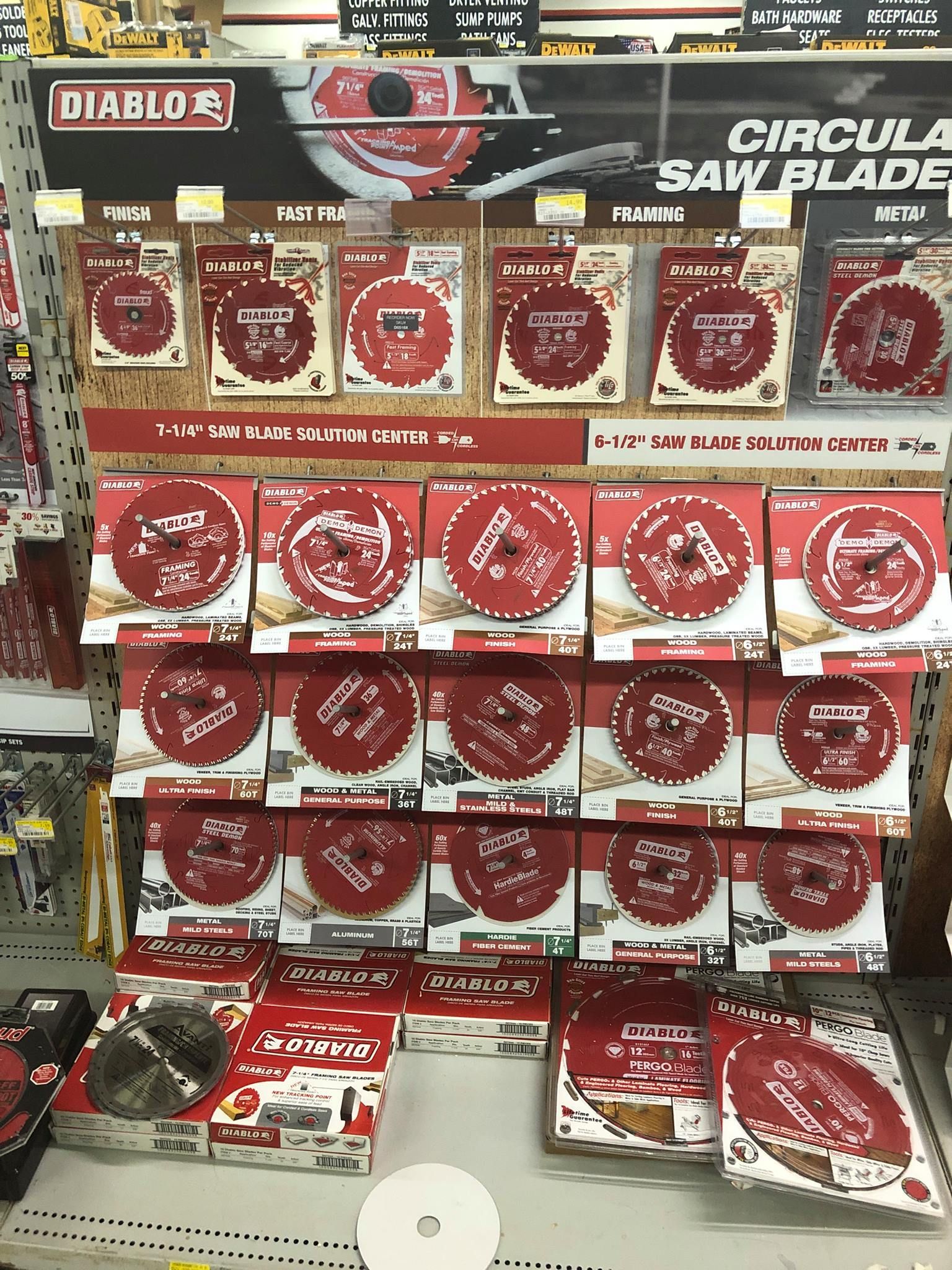 A display of circular saw blades in a store.
