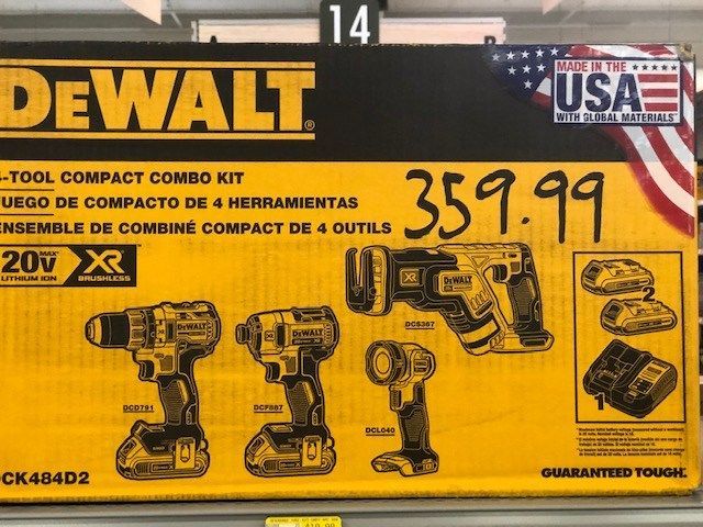 A sign for a dewalt tool combo kit