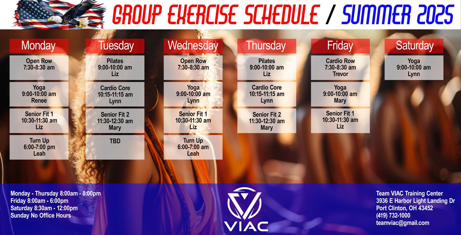 A group exercise schedule for the summer of 2025