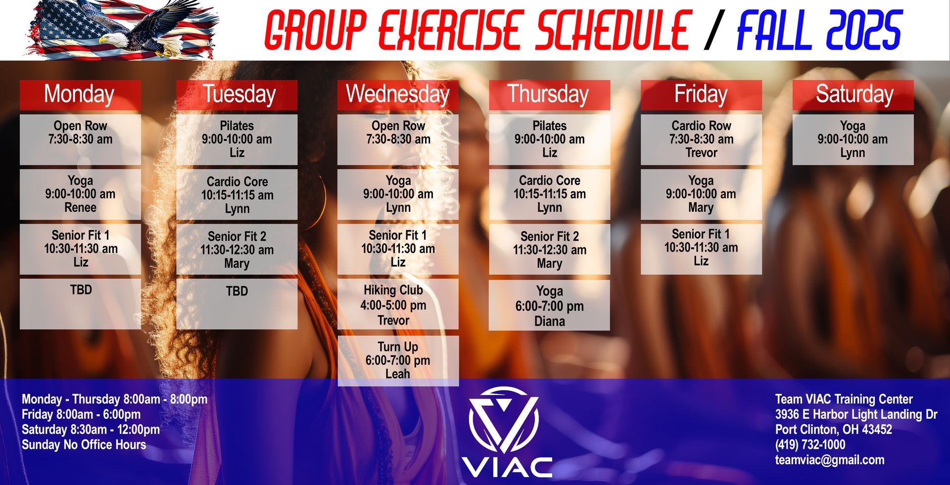 A group exercise schedule for the summer of 2025
