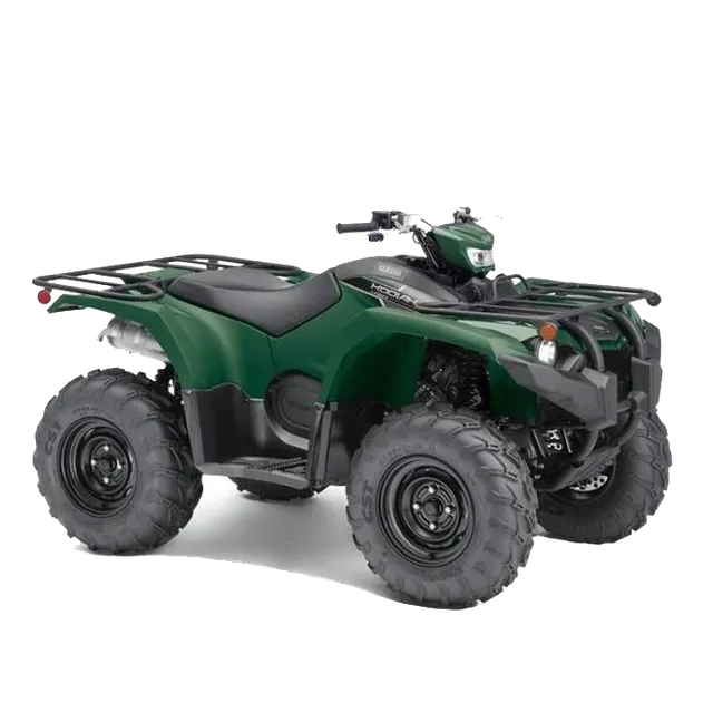 Green Yamaha ATV with black racks and tires on a white background.