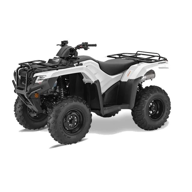White Honda ATV with black accents, front and rear racks, parked on a white background.